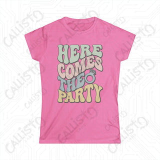 Retro Print ’Here Comes the Party’ Matching Bridal Party Women’s Softstyle Tee - Azalea / S