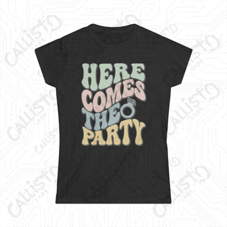 Retro Print ’Here Comes the Party’ Matching Bridal Party Women’s Softstyle Tee - Black / S