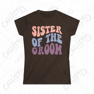 Retro Print ’Sister of the Groom’ Matching Bridal Party Women’s Softstyle Tee - Dark Chocolate / XL