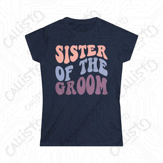 Retro Print ’Sister of the Groom’ Matching Bridal Party Women’s Softstyle Tee - Navy / S