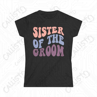 Retro Print ’Sister of the Groom’ Matching Bridal Party Women’s Softstyle Tee - Black / S