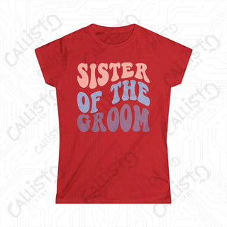 Retro Print ’Sister of the Groom’ Matching Bridal Party Women’s Softstyle Tee - Red / S