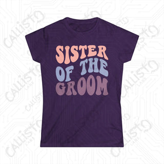 Retro Print ’Sister of the Groom’ Matching Bridal Party Women’s Softstyle Tee - Purple / S