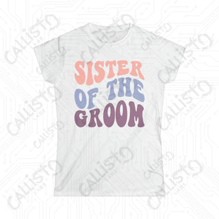 Retro Print ’Sister of the Groom’ Matching Bridal Party Women’s Softstyle Tee - White / S