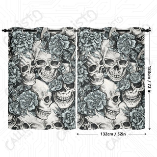 Skulls with Blue Roses Window Curtains (2 PCS) 72x52 IN