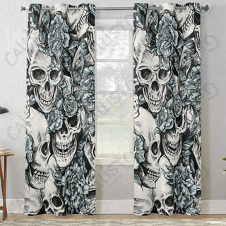 Skulls with Blue Roses Window Curtains (2 PCS) 84x52 IN