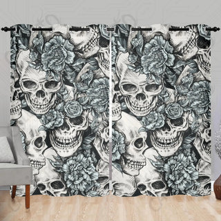 Skulls with Blue Roses Window Curtains (2 PCS) 84x52 IN