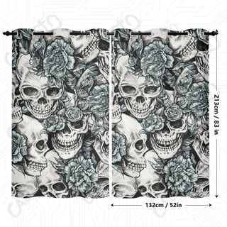 Skulls with Blue Roses Window Curtains (2 PCS) 84x52 IN