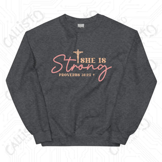 Women’s She is Strong Proverbs 31:25 Sweatshirt - Dark Heather / S