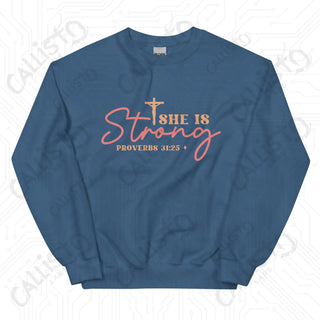 Women’s She is Strong Proverbs 31:25 Sweatshirt - Indigo Blue / S