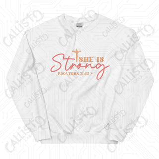 Women’s She is Strong Proverbs 31:25 Sweatshirt - White / S