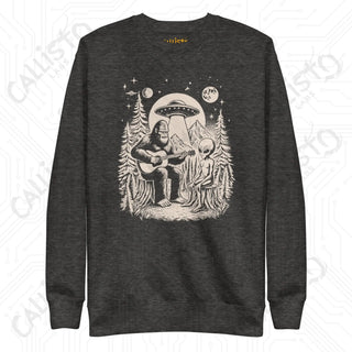 Men’s Funny Bigfoot and Alien Campfire Premium Sweatshirt - Charcoal Heather / S