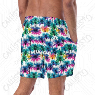 White and Colorful Palm Tree Swim Trunks - Men’s Swim Trunks