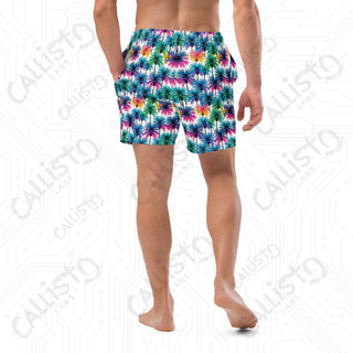 White and Colorful Palm Tree Swim Trunks - Men’s Swim Trunks