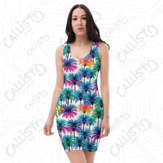 White and Colorful Palm Trees Bodycon dress - XS - Women’s Dresses