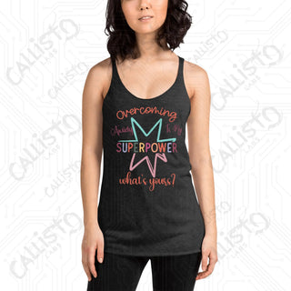 Women’s Overcoming Anxiety Superpower Mental Health Racerback Tank - Vintage Black / XS