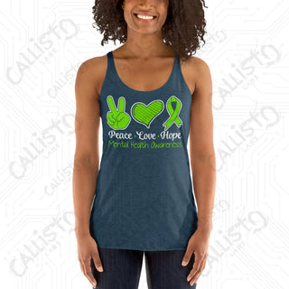 Women’s Peace Love Hope Mental Health Awareness Racerback Tank - Indigo / XS