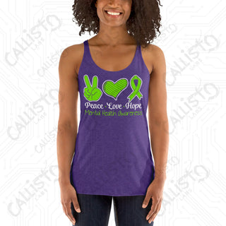 Women’s Peace Love Hope Mental Health Awareness Racerback Tank - Purple Rush / XS