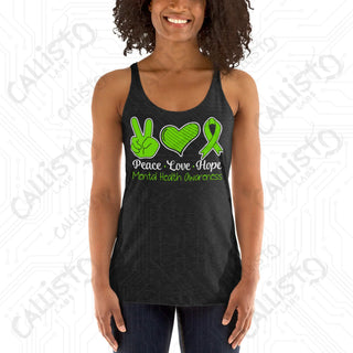 Women’s Peace Love Hope Mental Health Awareness Racerback Tank - Vintage Black / XS