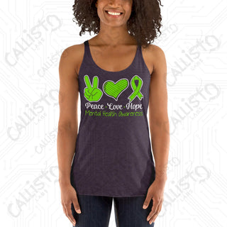 Women’s Peace Love Hope Mental Health Awareness Racerback Tank - Vintage Purple / XS