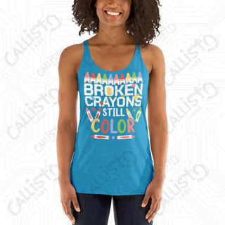 Women’s Broken Crayons Still Color Mental Health Racerback Tank - Vintage Turquoise / XS